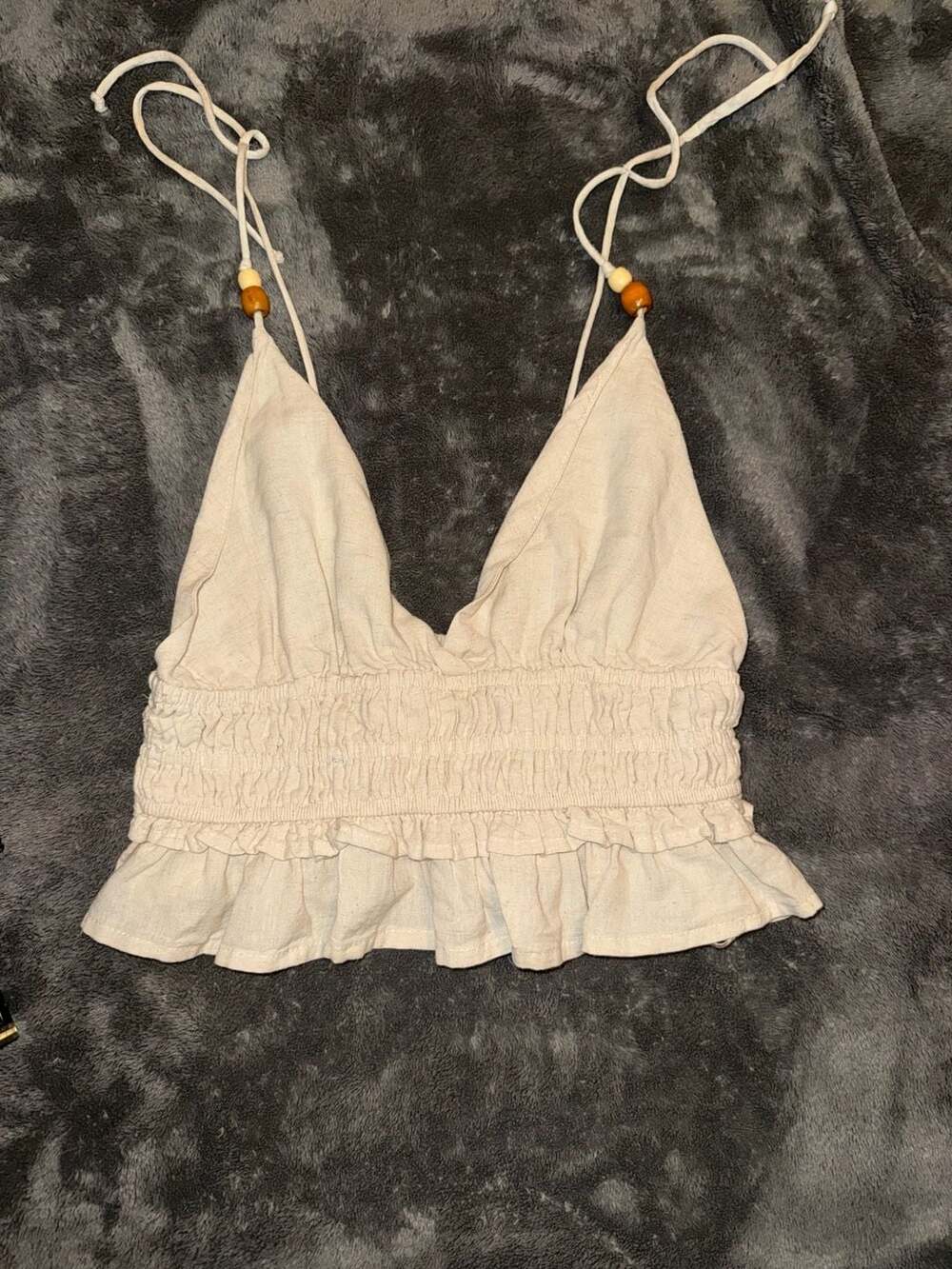 Sim & Sam Cream Linen Halter Crop Top with Beaded Straps and Ruffle Hem